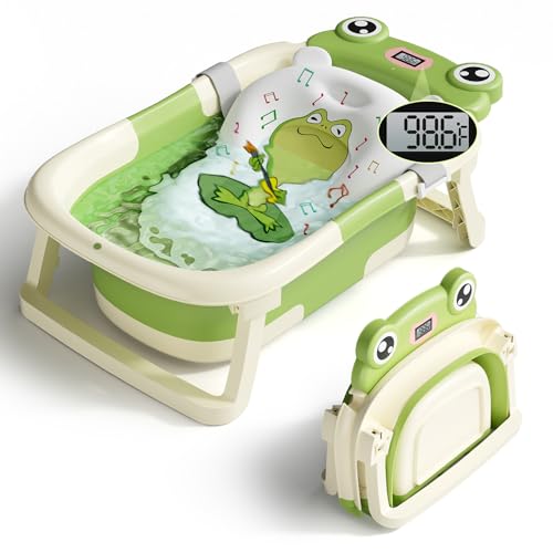 Image of BUNWAG Baby Bathtub, Collapsible Newborn Bathtub for Infant to Toddler 0-24 Months with Soft Cushion and Thermometer,Portable Travel Newborn Tub with No-Slip Feet, Baby Shower Gifts,Green