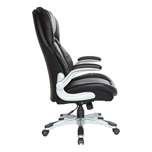 Office Star Ech Series Deluxe Executive High Back Bonded Leather Chair With Built-In Lumbar Support And Padded Flip Arms, Black With Silver Nylon Base #TOP1