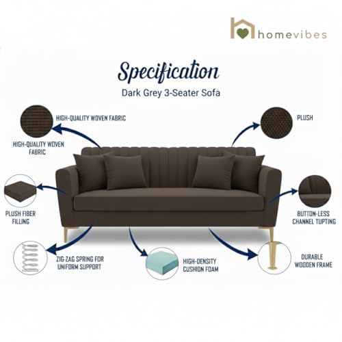 Image of 3 Seater Velum Fabric Sofa Set for Living Room, Modern Design with High Density Foam, Solid Wood Frame, Ergonomic Comfortable Seating for Home & Office (Dark Brown, 3 Seater) | Soft foam comfort, Strong wood frame