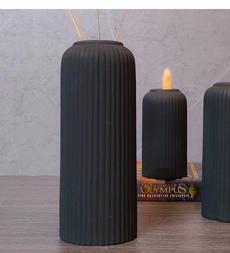 Image of KREATIVE ART'S Modern Ribbed Design Ceramic Flower Vase for Living Room, Flower Pots for Artificial Flower, Home Decoration Item, Home Decor, Vases for Living Room (Black, Large)