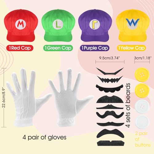 4Pcs Super Bros Hats Accessories Set Mary Luigy Caps, Mustaches, Suspenders, Gloves Buttons Halloween Cosplay Costume(Red+Green+Purple+Yellow)4