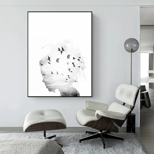 Silhouette femme et oiseaux affiche sur toile 70x100 cm | Peinture surréalisme noir et blanc