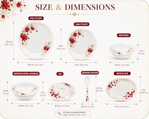 Image of Arova 32 Pieces Melamine Dinner Set for 6 Persons | Unbreakable & Lightweight Crockery Set | Serving Bowls, Spoons & Lids | Dishwasher Safe Dinnerware Set (Crimson Gold)