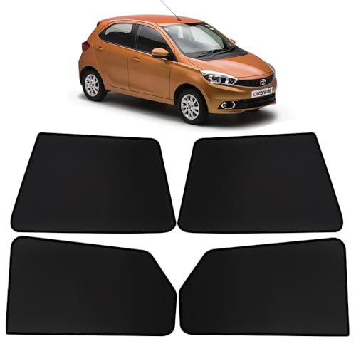 Image of OTO2EYE Car Sun Shade Compatible for Tata Tiago Model 2016 to 2020, Z-Black Fix Type Side Window Curtains, Only Half Cut in Front Window, 4 Pieces Set