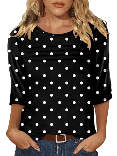 KISSMODA Women's Casual 3/4 Sleeve T-Shirts Round Neck Cute Tunic Tops Basic/Pleated Summer Tops Trendy Spring Blouses
