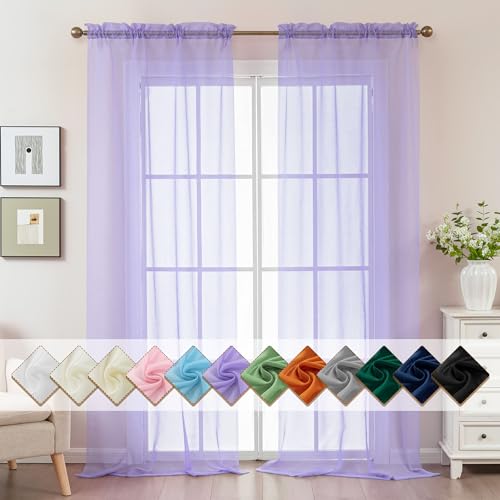Image of Purple Sheer Curtains 108 Inches Extra Long, Privacy Semi Sheer Curtains for Living Room Bedroom, Light Filtering Rod Pocket Voile Window Drapes 2 Panels Set, Each 42 inch W x 108 inch L