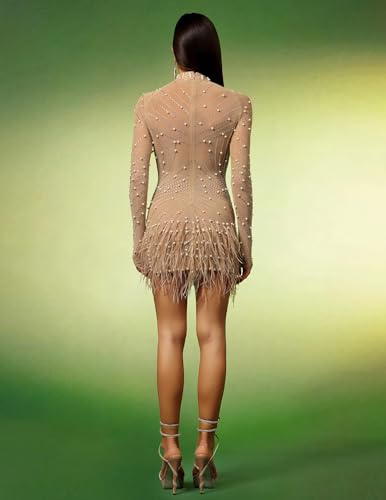 Beige Sexy Mock Neck Long Sleeve See Through Fringe Dress Cocktail Mini Rhinestone Bodycon Mesh Beaded Pearl Dress Women3