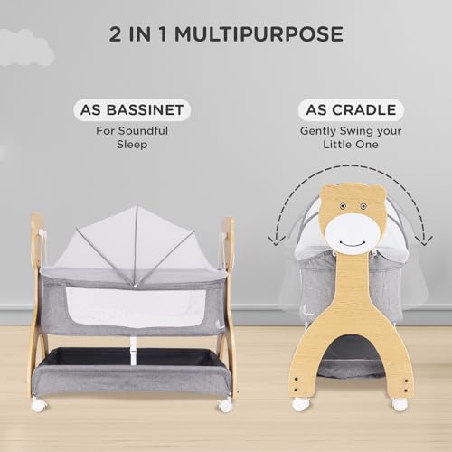 Image of R for Rabbit Lullabies Woodsy 2 in 1 Manual Swing Wooden Cradle Newborn Baby Convertible Cot Bassinet with Mosquito Net, Lockable Wheels & Storage Space for Kids 0-12 Months, Upto 12 Kg (Dark Grey)