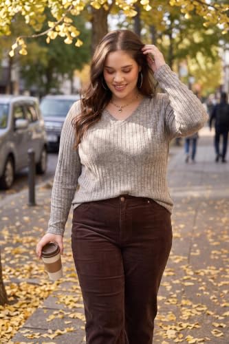 Image of RITERA Plus Size Sweater, Ribbed Long Sleeve Solid Top for Women | Soft vertical ribbed knit, modest V neck, loose long sleeves, curved swing hem, slimming casual layering top for curvy women