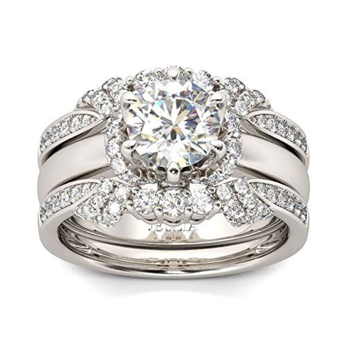Jeulia 3PC Ladies Classic Round Cut Sterling Silver Rings Set Engagement Anniversary Wedding Band Ring Set With Jewelry Gift Box for Women