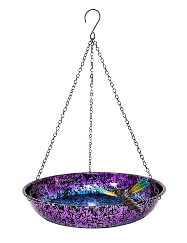Hanging Bird Bath for Outdoor 11 Inch Colorful Purple&Blue Metal Bird Feeder Birdbath Bowl Mounted Rust-Proof Black Chain Metal Dragonfly Yard Art Garden Decor