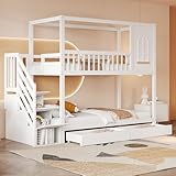 BXEYXE Etagenbett Kinderbett 90 * 200cm, Massivholz Doppelbett, Hausform mit Fenstern...