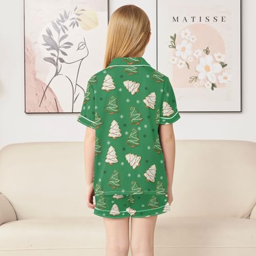 Satin Pajama Sets Short Sleeve Christmas Tree Cookies on Green Button Down Silky Nightwear 2 Piece PJS 5-14Y4