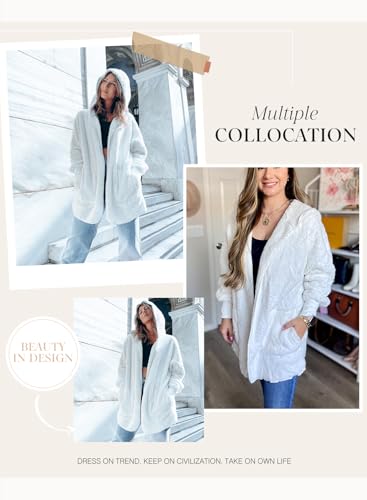 Dokotoo Womens Casual Cozy Warm Fuzzy Winter Clothing for Women Long Sleeve Fleece Pocket Hooded Cardigan Sweater Fall Clothes Jackets Coats Outerwear Fleece Teacher Outfits for Women X-Large White