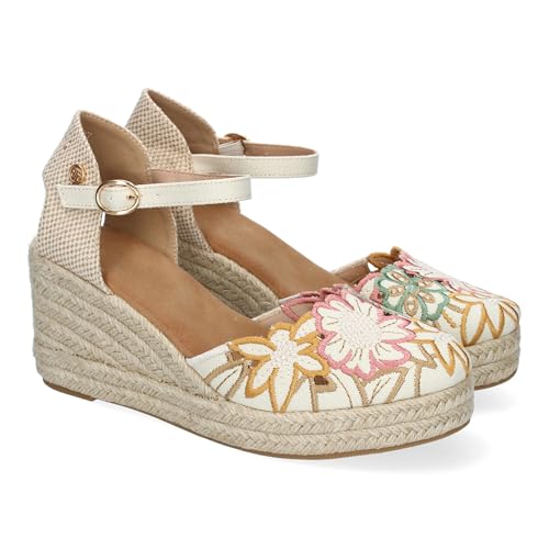 90131 Sandalias Valencianas de Cuna para Mujer con Diseno de Flores, Adornos Bordados y Cierre de Hebilla, Comodas, Ideales para Dias de Verano. Beige Talla 38