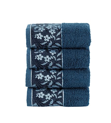 Halley Decorative Hand Towels Set, 4 Pack - Turkish Towel Set With Floral Pattern, Highly Absorbent & Fade Resistant Fabric, 100% Cotton - Green Blue #TOP2
