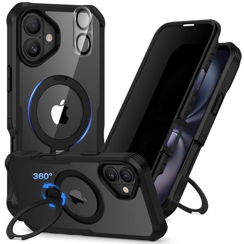 CENHUFO Privacy Case for iPhone 16 Plus Case Compatible with MagSafe Full-Body Phone Case with Built-in 9H Tempered Glass Privacy Screen Protectorand Magnetic Stand Ring Midnight Black