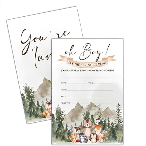 DazzleDaisy “Oh Boy!” Adventure Baby Shower Invitations – 25 Double-Sided Woodland Animals Cards with Envelopes, Rustic Forest Friends Party Invite Set