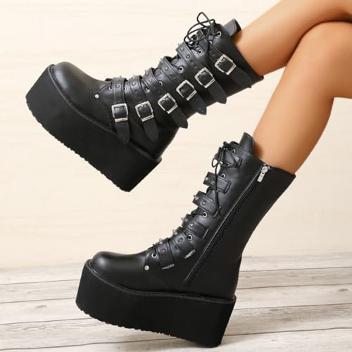 Womens Platform Mid Calf Combat Boots Chunky Booties Punk Combat Boots For Women Wedges Chunky Motorcycle Booties4