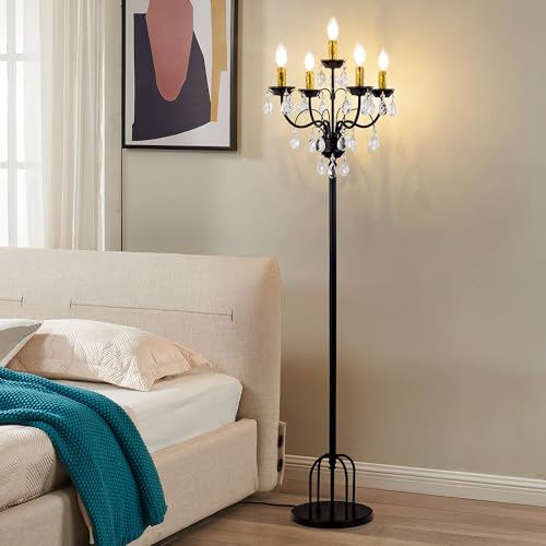 TOCHIC 5-Light Crystal Floor Lamp, 65' Tall Black Gold Chandelier Floor Lamp with Foot Switch...