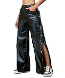 Caractéristiques : taille haute, fermeture à bouton, cuir PU, décoration de bouton sur les jambes, jambes larges, fentes de bouton sur les jambes, couleur unie, poches latérales, pantalon décontracté et à la mode pour femmes, coupe ample, convient à une variété de types de corps.