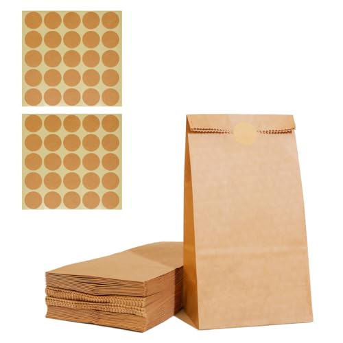 Leucasa 100 Piezas Bolsa Papel Kraft 18X9X5.5cm Bolsas Kraft y 100 Pegatinas Autónomo Bolsas Papel Pequeñas Reutilizable para Alimentos, Panes, Aperitivos, Pequeñas Empresas