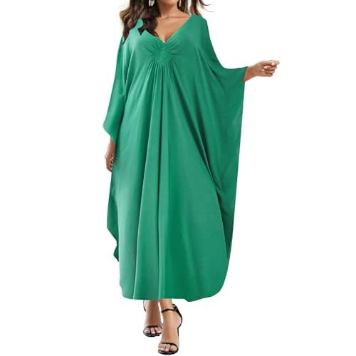 Eddoyee Women Animal Print Kaftan Dress Long Sleeve Beach Bathing Suit Cover Ups V-neck Plus Size Caftan A-green