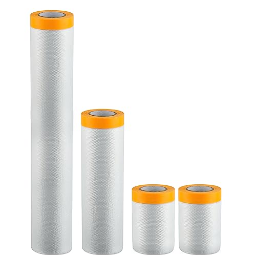MVQPER Lot de 4 rouleaux de film de masquage avec ruban adhésif (270 cm + 150 cm + 55 cm) - Transparent - Avec ruban adhésif en tissu - Film de masquage autocollant avec film pour peintre