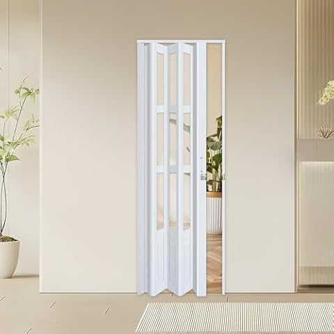 CCBOYSHARDWARE 30X80in Accordion Door with Clear Panels, Interior Folding Door for Closet Includes Hardware and Lock, White Multifold Interior Doors Cover