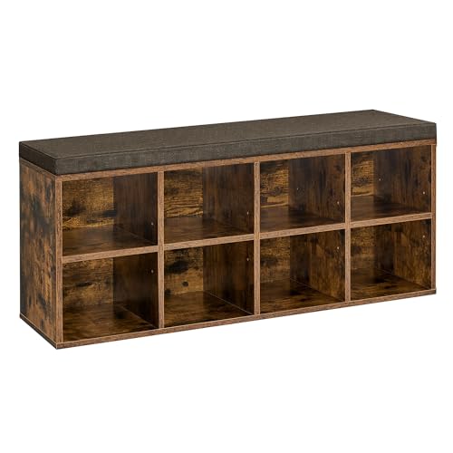 VASAGLE Banco Zapatero, Organizador Zapatero con 8 Compartimentos y 4 Estantes Ajustables, Asiento Acolchado, Compacto, para Entrada, Pasillo, Armario, Marrón Rústico LHS238K01