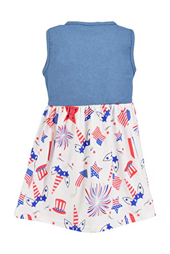Image of Unique Baby Girls Sleeveless Denim Dress with Knot Tie and Fun Print for Toddler and Big Kids