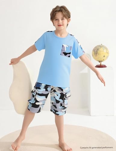 Image of mksodopy Boys Summer Outfit Set 2 Piece T Shirt and Camo Shorts Casual Clothes for Little Big Boys 5-16