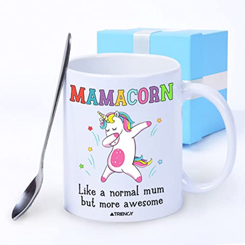 TRIENCY Lustige Mamacorn Mama Kaffeetasse Geschenk für Mama von Tochter, Sohn, tolle Einhorn-Tassen für Mütter als Geburtstag, Weihnachten, Muttertagsgeschenk, weiße Keramik, 330 ml Cover