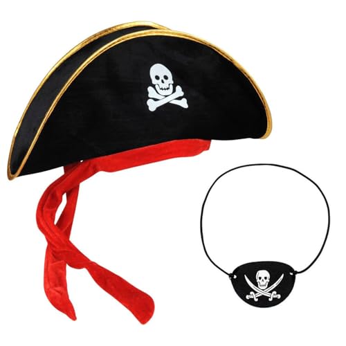 SOPSTUO Acessórios de pirata, chapéu de pirata para crianças e adultos, boné de fantasia de capitão com remendo nos olhos para festa divertida fantasia caribenha