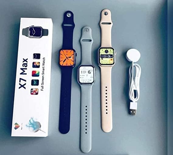 Multiple Generic X7 Max Smartwatches in different colors with their charging cable and packaging.