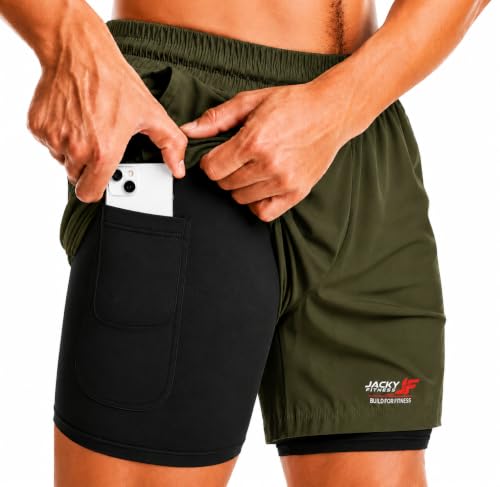 Image of Men's 2-in-1 Dual Layer Workout Shorts with Compression Liner, Phone Pocket, Quick-Dry Athletic Running Shorts for Gym, Training, Sports & Fitness
