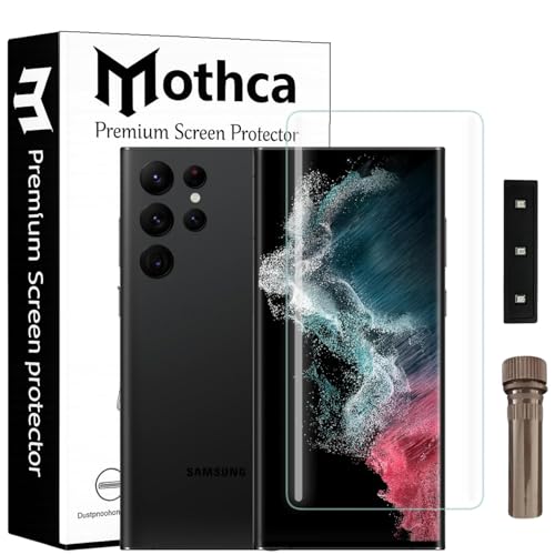 Image of Mothca Premium UV Tempered Glass Screen Protector for Samsung Galaxy S22 Ultra | Transparent | Pack of 1 | Full Screen Coverage with UV Installation Kit