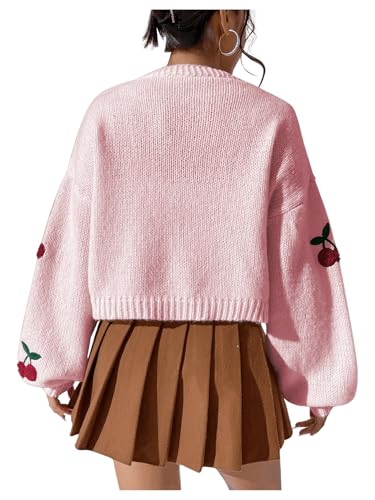 Image of GORGLITTER Women's Cherry Cropped Cardigan Sweaters Open Front Long Sleeve Cute Chunky Knit Short Cardigan Trendy