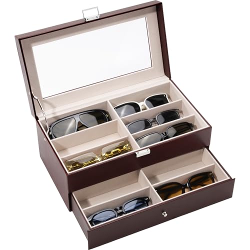 Image of ProCase 12 Slots Sunglasses Organizer, 2 Layer Sunglass Case, Leather Eyeglass Cases for Display and Storage -Brown