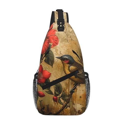 NBAGHPQ Mochila cruzada con estampado artístico de flores y pájaros, para hombres y mujeres, para viajes, uso diario, a la moda