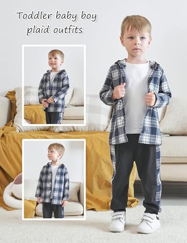 Image of Fuermos Toddler Baby Boys Clothes Flannel Lattice Button Down Hooded Tops +Pants Boys Fall Winter Outfits