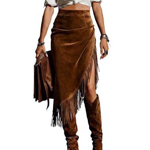 Women's Fringe Faux Suede Skirts Asymmetrical High...
