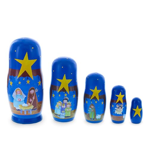 BestPysanky Set of 5 Nativity Scene Set Wooden Nesting Dolls 5.75 Inches