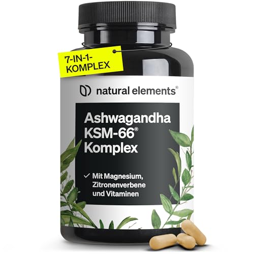 natural elements Ashwagandha Komplex – 600mg pro Tagesdosis – 120 Kapseln – mit KSM-66, Zitronenverbene, Magnesium, Folsäure und Vitamin C, B6 und B12 – hochdosiert & vegan – laborgeprüft