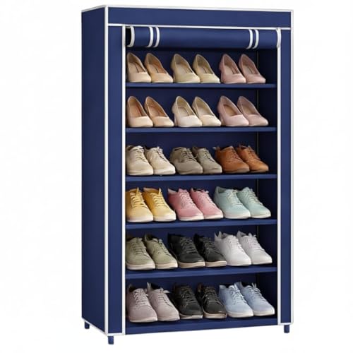 Image of 6 Layer Plastic Shoe Rack with Cover for Home & Bedroom (Blue)