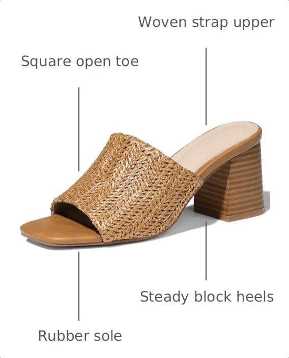 Image of Ancomafio Heeled Sandals for Women,Raffia Sandals 2026 Chunky Heels Square Toe Mules Block Summer Shoes Slip On