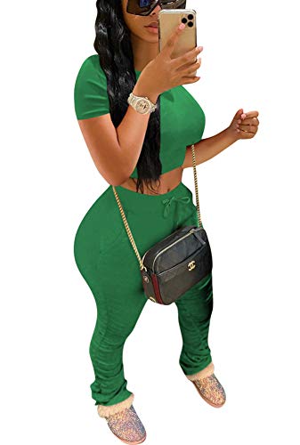 Womens Tracksuit Set - Two Piece Outfits Short Sleeve Crop Top + Skinny Long Pants Sweatsuits Jogging Suits Jumpsuits XXX-Large Green