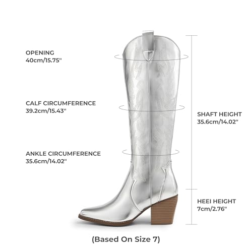 DREAM PAIRS Womens Cowboy Boots Wide Calf Comfortable Pull On Zipper Chunky Heel Pointed Toe Embroidered Western Cowgirl Knee High Boots Ladies Retro Tall Boot,Size 5.5,Metallic Silver,SDKB224W