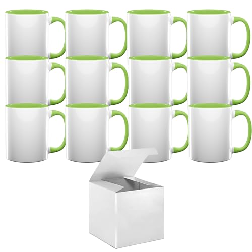 TWISTED ENVY Case of 12 11 oz. LT GREEN Inner & Handle- Ceramic Sublimation Mugs - Professional Grade - Sublimation Series - With Individual White Gift Boxes