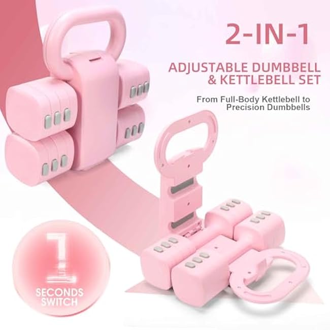 Adjustable 2-in-1 Convertible Kettlebell & Dumbbells Set, 4 in 1 Free Weights Dumbbell Set of 2, Each 2.2 3.3 4.4 5.5lb Quick Change Women Dumbbell Set for Home Exercise Training